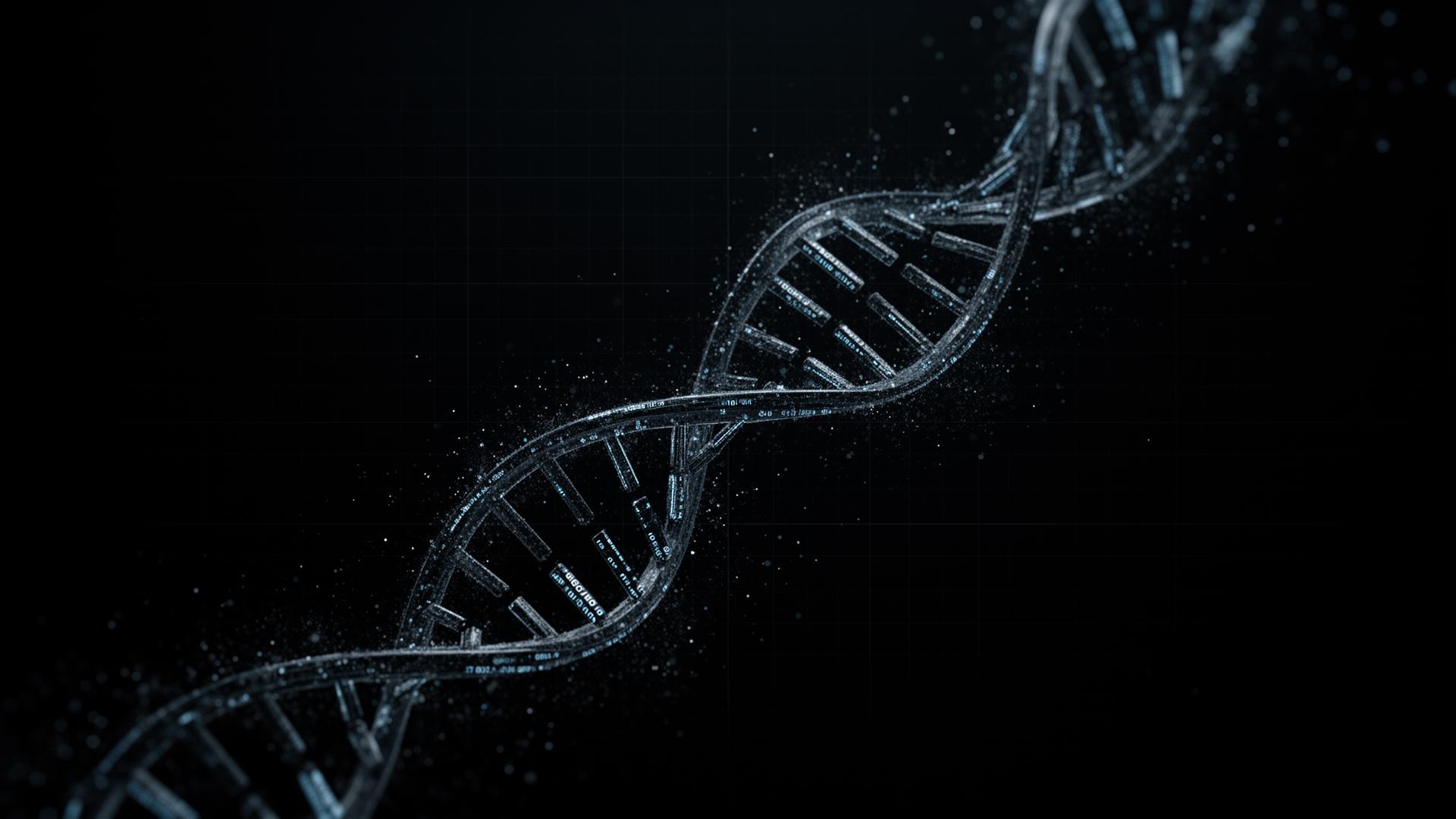 Abstract dark visualization of a DNA double helix dissolving into data points