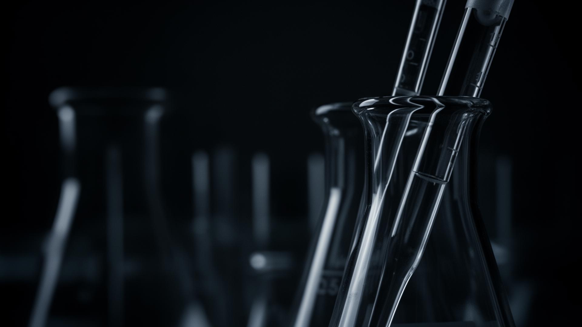 Dark laboratory glassware lit cinematically against a charcoal background