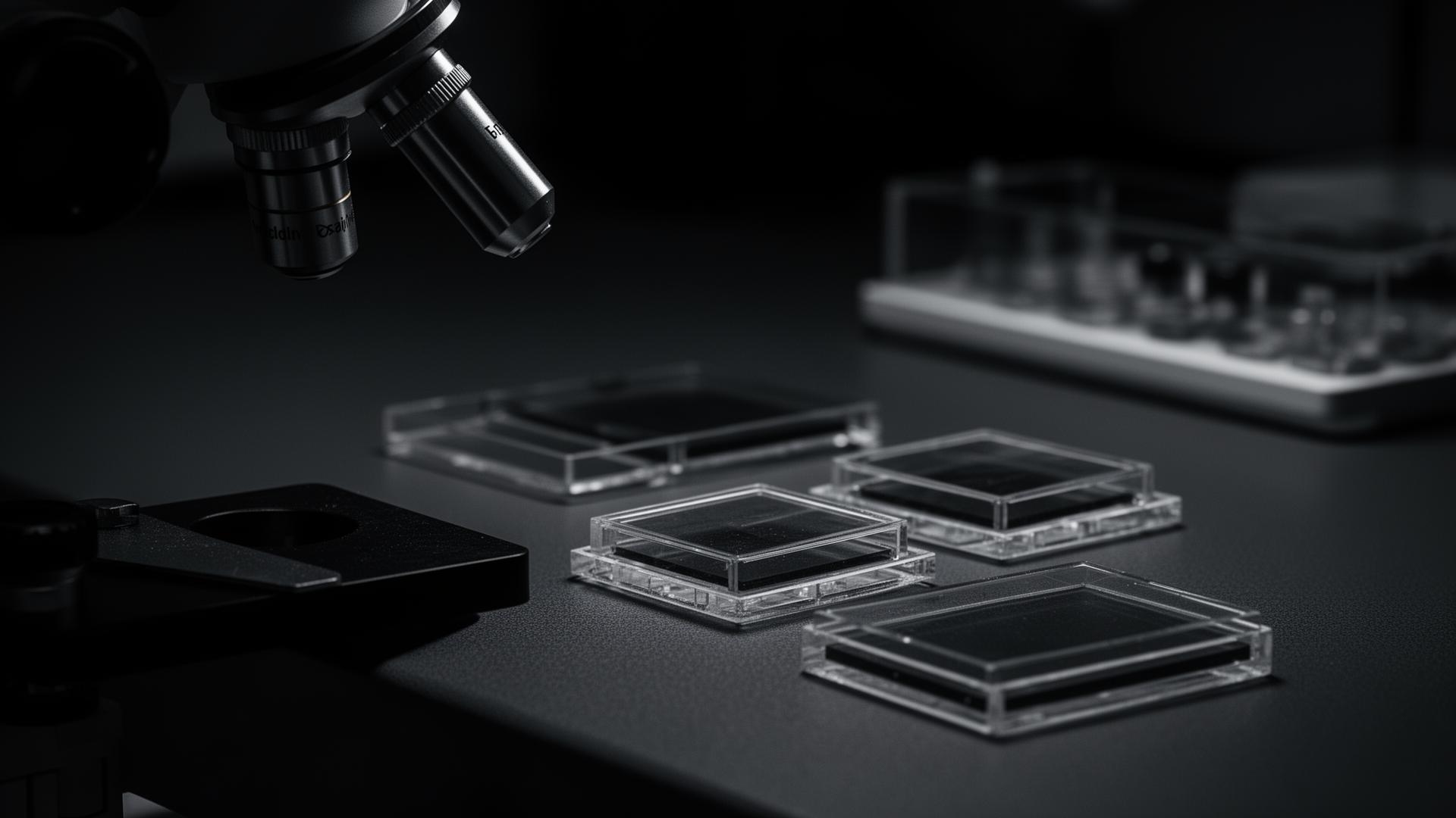 Microscope and slides on a dark laboratory bench