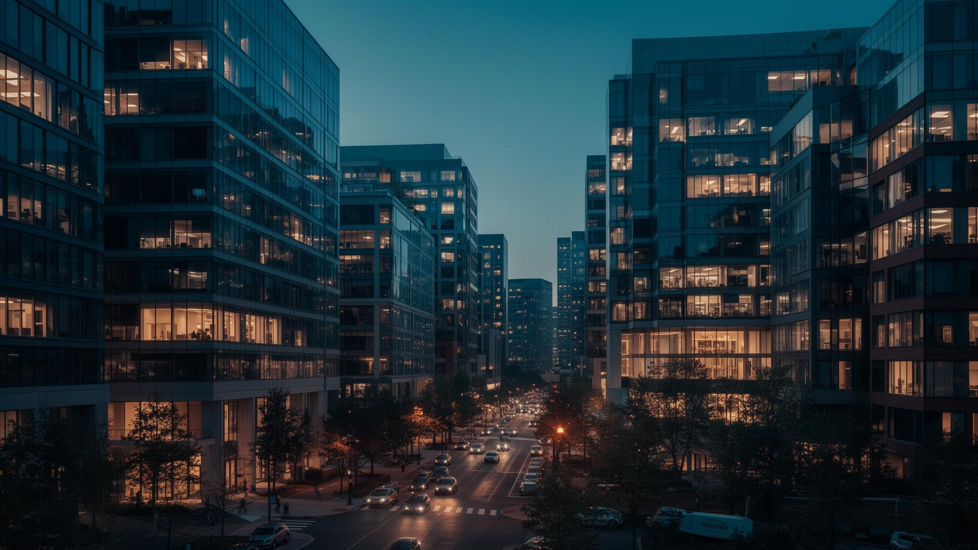 Kendall Square biotech district at dusk with illuminated research buildings