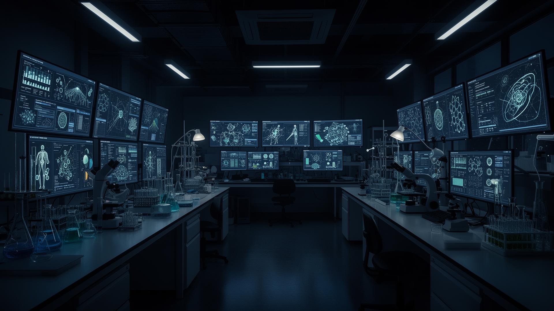 Modern computational biology research environment at night with data screens