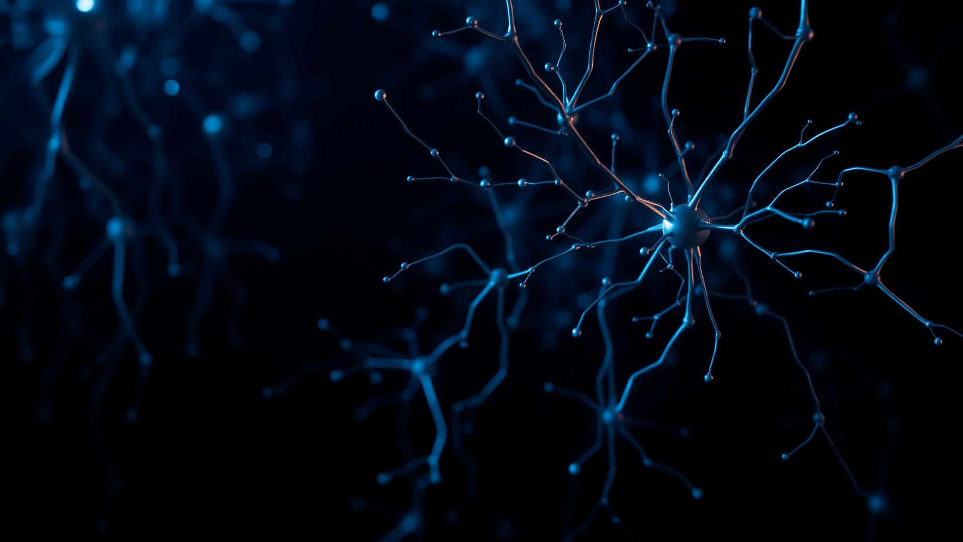 Cinematic dark visualization of neural networks and synapses glowing in deep blue