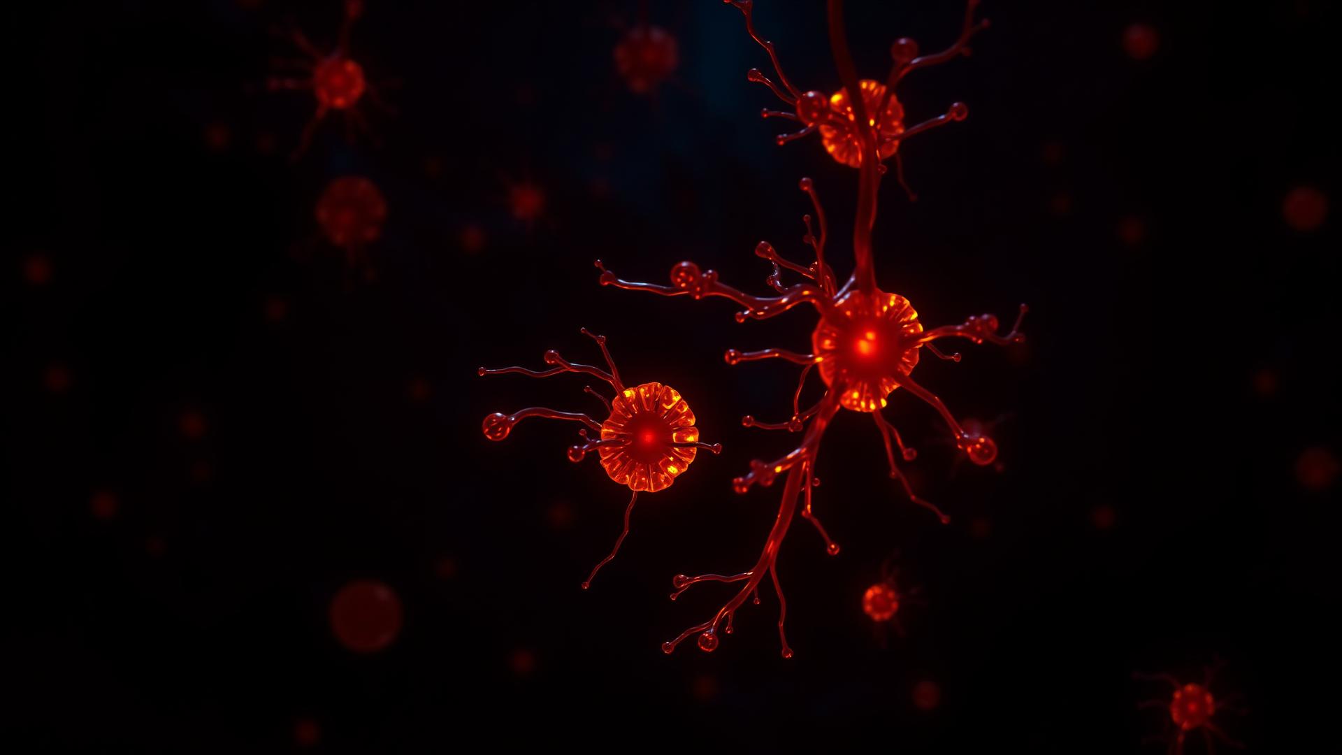 Abstract cinematic visualization of mitochondria-inspired cellular energy structures