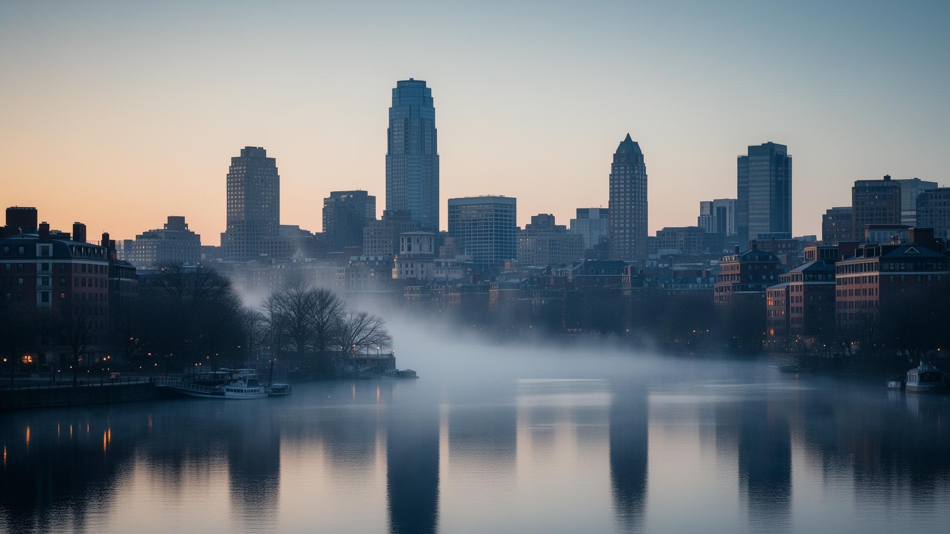Boston skyline at dawn with mist over the Charles River