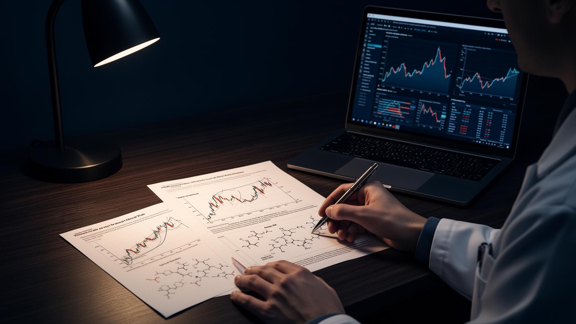 Hands annotating clinical trial charts and molecular diagrams beside a laptop showing market trends