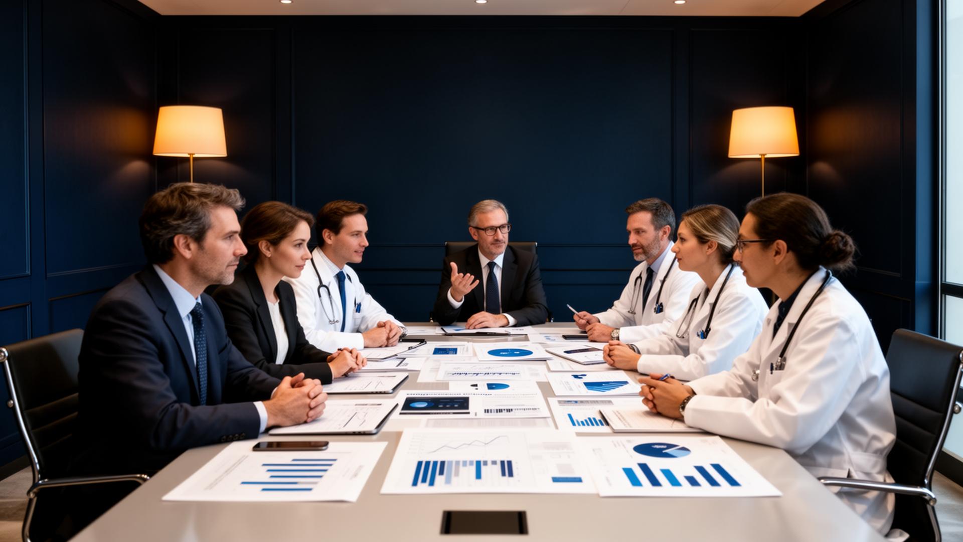 A multidisciplinary team of investors, clinicians, and scientists reviewing healthcare technology figures in a modern boardroom